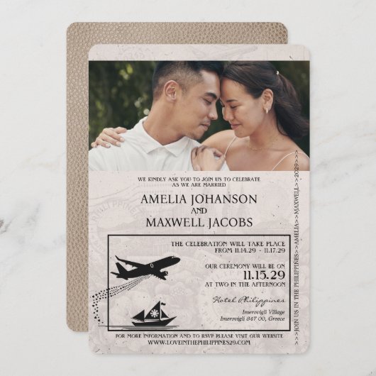 Beige Philippines Pass Einladung zur Hochzeit (Vorne/Hinten)