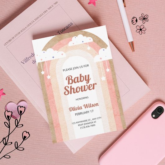 Beige Pink Boho Illustriert Rustikaler Regenbogen  Einladung