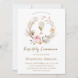 beige pink flowers wreath First Communion Einladung
