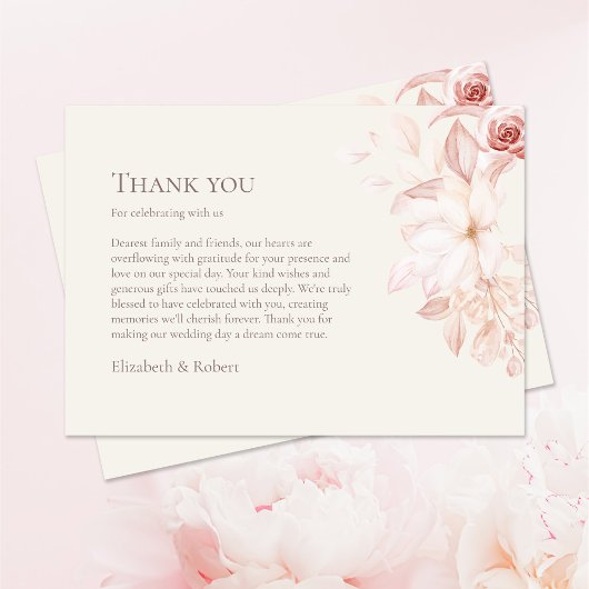 Beige & Pink Roses Wedding Vielen Dank Dankeskarte