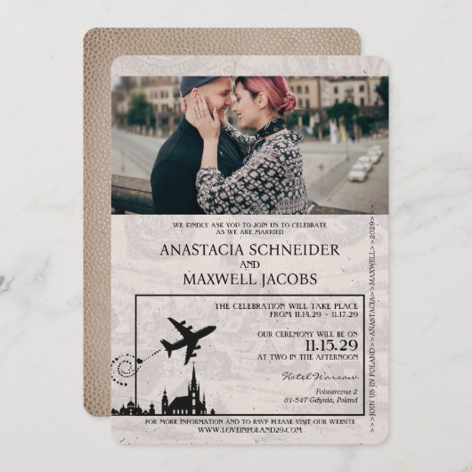 Beige Poland Passport Wedding Einladung (Vorne/Hinten)