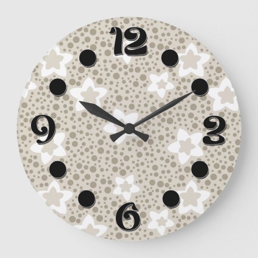 Beige Polka dot retro mit Sternen und Blume Große Wanduhr (Vorderseite)