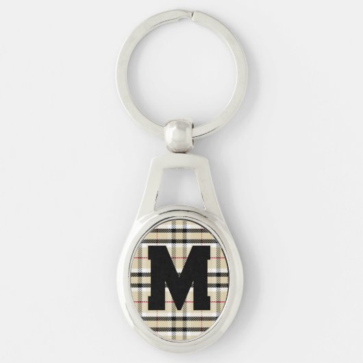 Beige Preppy Kariert Fashion Monogram Personalisie Schlüsselanhänger (Vorderseite)