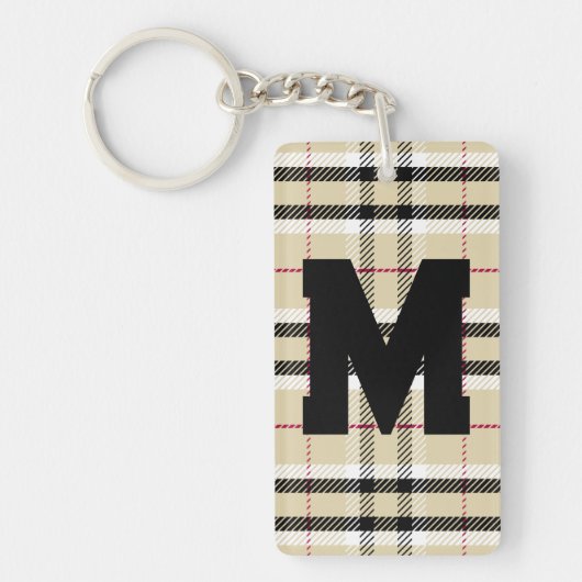 Beige Preppy Kariert Fashion Monogram Personalisie Schlüsselanhänger (Vorderseite)