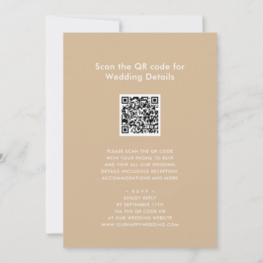 Beige QR-Code in einer modernen Skripthochzeit Einladung (Rückseite)