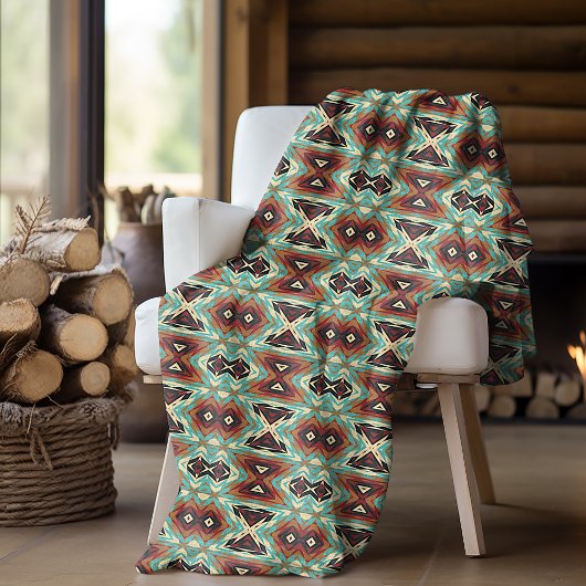 Beige Red Brown Aqua Blue Green Black Tribal Art Fleecedecke