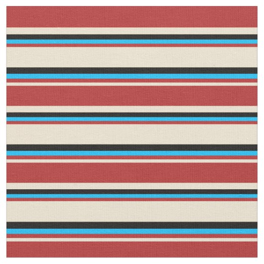 Beige, Red, Deep Sky Blue und Black Strips Stoff (Nahaufnahme)