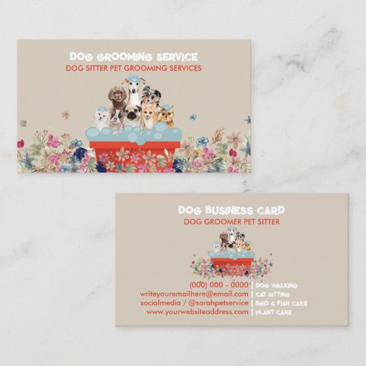 Beige Red Dog Grooming Bath Bed Floral Visitenkarte (Vorne/Hinten)