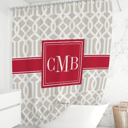 Beige & Red Trellis Monogramm Duschvorhang