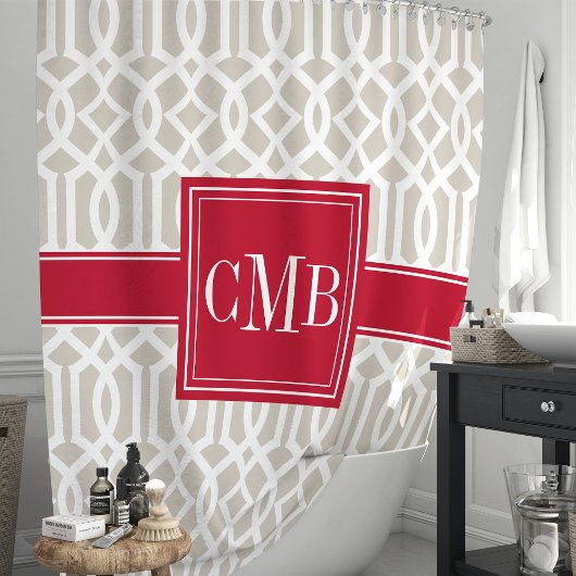 Beige & Red Trellis Monogramm Duschvorhang