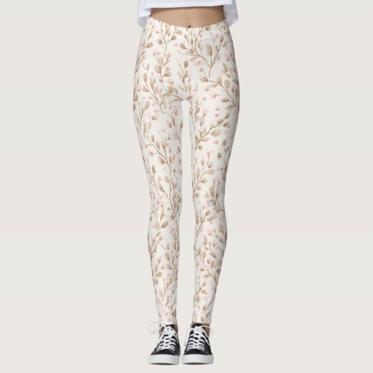 Beige Rosafarbenes Blumenmuster Leggings (Vorderseite)