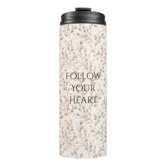 Beige Rosafarbenes Blumenmuster Thermosbecher (Vorderseite)