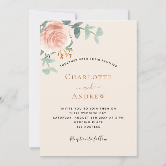 Beige Rose Goldblütengold QR-Code UAWG Hochzeit Einladung (Vorderseite)