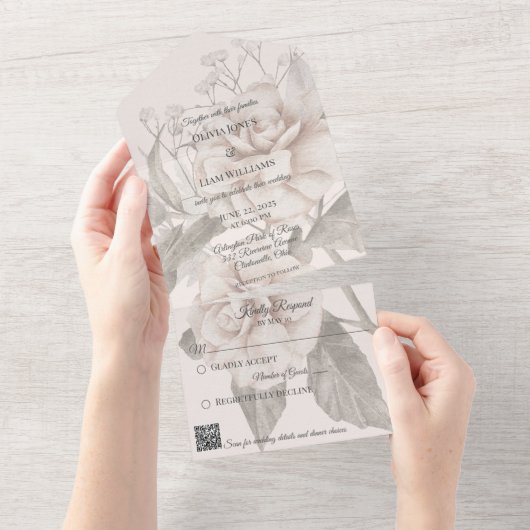 Beige Rose Silhouette QR Code All In One Einladung (Abreißen)