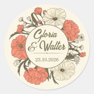 Beige Rote Vintage-Hochzeits-Sticker-Illustration Runder Aufkleber