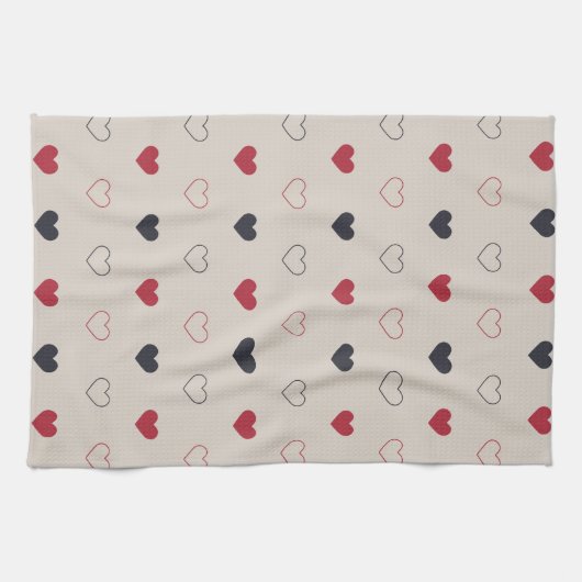 Beige & rotes Herz Nahtloses Muster Cute Minimal Geschirrtuch (Horizontal)
