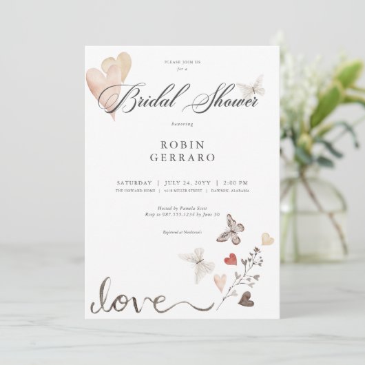 Beige Rustic Boho Liebe Brautparty Einladung (Stehend Vorderseite)