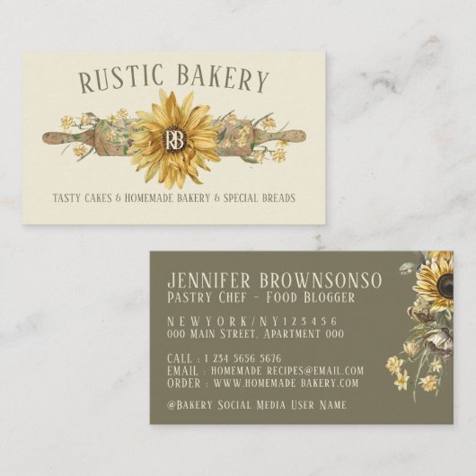 Beige Rustikale Art Sonnenblumengebäck Visitenkarte (Vorne/Hinten)