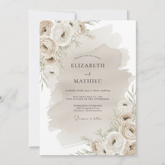 Beige Rustikale Blumige Hochzeit Einladung (Vorderseite)