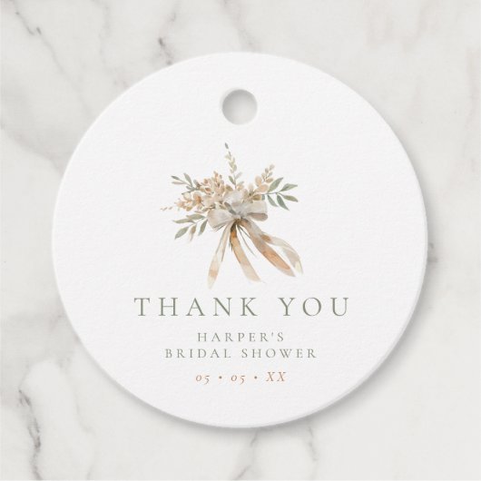 Beige & Sage Blume & Bow Brautparty Vielen Dank Geschenkanhänger (Vorderseite)