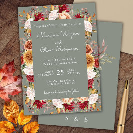Beige Sage Green Fall Floral Wedding Einladung