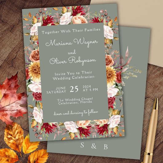 Beige Sage Green Fall Floral Wedding Einladung
