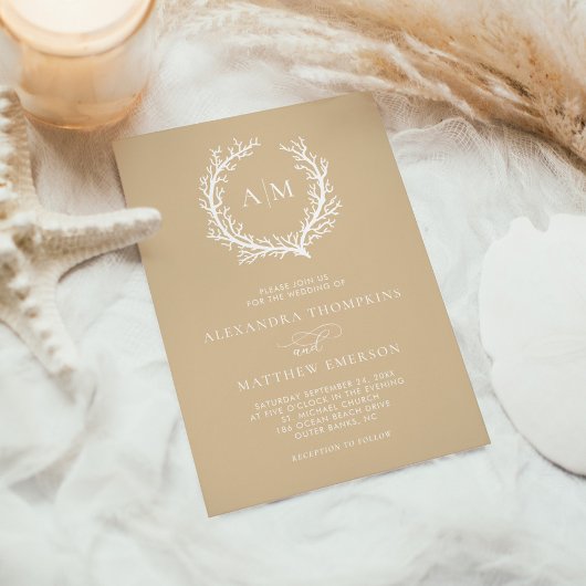 Beige Sand Nautical Coral Reef Minimale Hochzeit Einladung