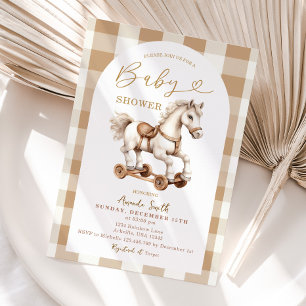 Beige Schaukelpferd Braun Gingham Bogen Baby Showe Einladung