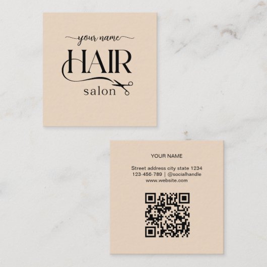 Beige-Schere-Script-Frisiersalon-Qr-Code Quadratische Visitenkarte (Vorne/Hinten)