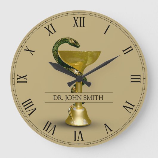 Beige Schlange Medical Bowl Hygieia Gold Name Große Wanduhr (Vorderseite)