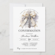Beige-Schleife und Rosenkranz Konfirmations-Einlad