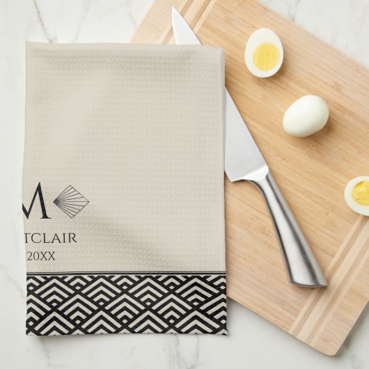 Beige Schwarz Art Deco Japanischer Lüfter Custom M Geschirrtuch (Viertel Falte)