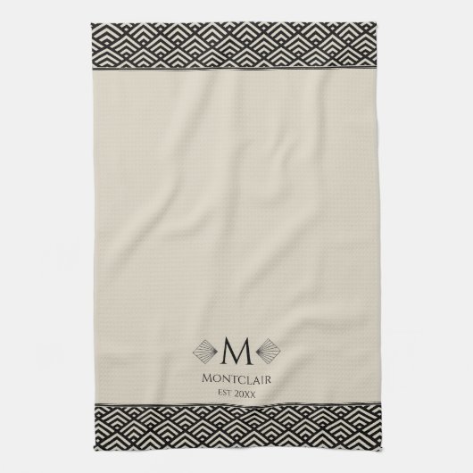 Beige Schwarz Art Deco Japanischer Lüfter Custom M Geschirrtuch (Vertikal)