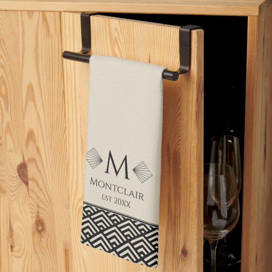 Beige Schwarz Art Deco Japanischer Lüfter Custom M Geschirrtuch (Drittel gefaltet)