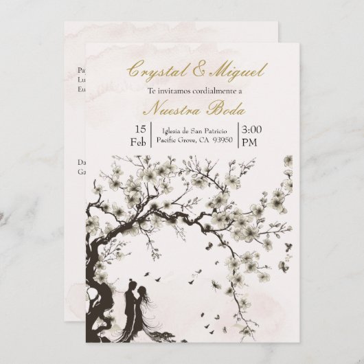 Beige Schwarz-Weiß-Hochzeit Einladung (Vorne/Hinten)