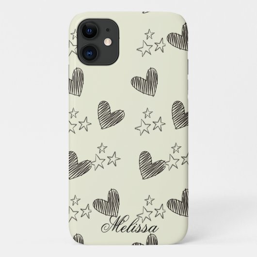 Beige Schwarz-Weiß-Minimal-Herz-Sternchen-Skript Case-Mate iPhone Hülle (Rückseite)