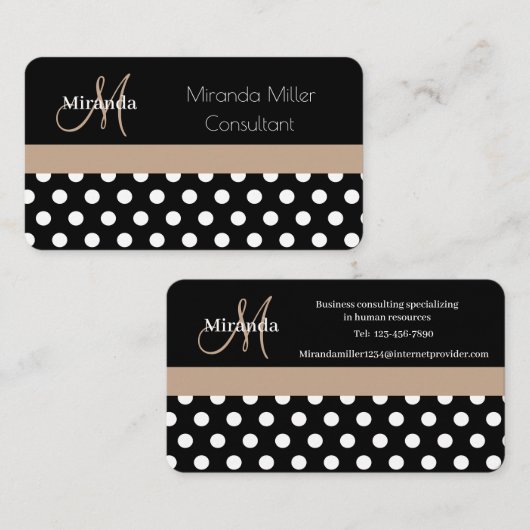 Beige Schwarz-weiße Polka Dot Monogram Business Ca Visitenkarte (Vorne/Hinten)
