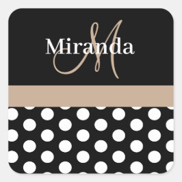 Beige Schwarz-weiße Polka Dot Monogram Quadratischer Aufkleber