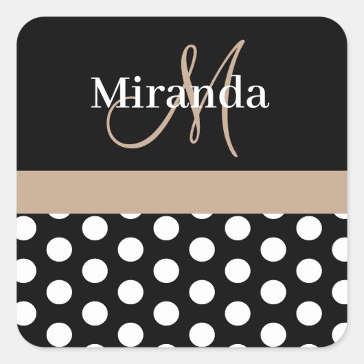 Beige Schwarz-weiße Polka Dot Monogram Quadratischer Aufkleber (Vorderseite)