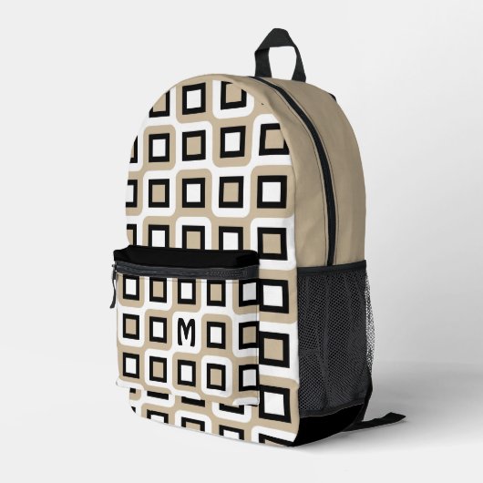 Beige Schwarz-weißes geometrisches Kunstmuster des Bedruckter Rucksack (Rückseitige Ecke Rechts)