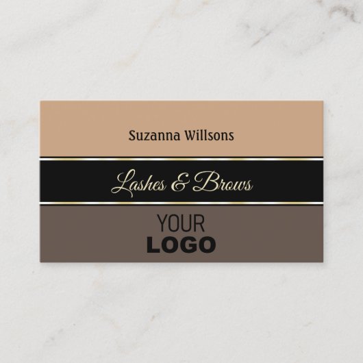 Beige schwarzbraune Streifen Chic mit Logo und Fot Visitenkarte (Vorderseite)