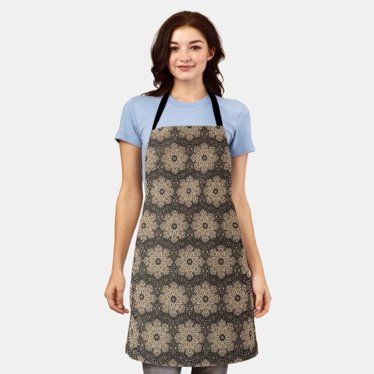 Beige-schwarzes ethnisches Mandala-Muster Schürze (Getragen)