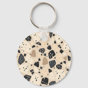 Beige Schwarzes Terrazzo-Muster Neutrales Abstrakt Schlüsselanhänger