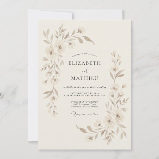 Beige Serene Botanische Hochzeit Einladung (Vorderseite)