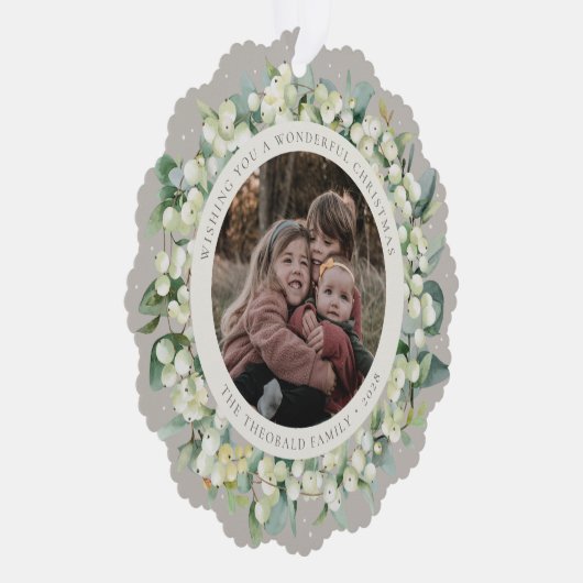 Beige Snowberry+Eucalyptus Christmas Wreath Photo Ornament Karte (Rechts)