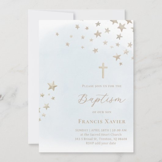beige stars on pastel blue sky | Baptism  Einladung (Vorderseite)