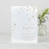 beige stars on pastel blue sky | Baptism  Einladung (Stehend Vorderseite)