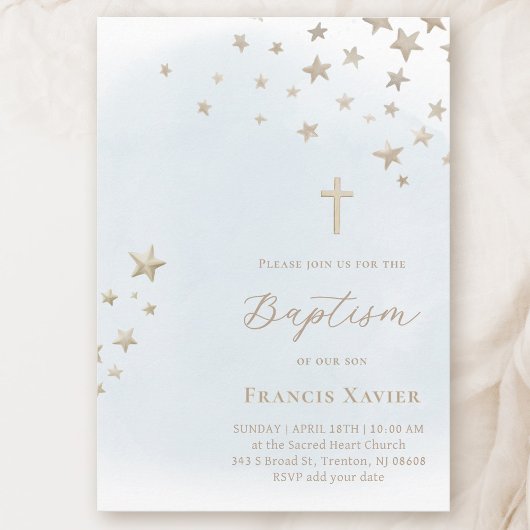 beige stars on pastel blue sky | Baptism  Einladung