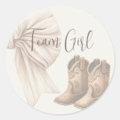 Beige Stiefel oder Bows Gender Reveal Team Girl Runder Aufkleber (Vorderseite)