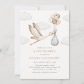 Beige Stork Delivery Gender Neutral Baby Dusche Einladung (Vorderseite)